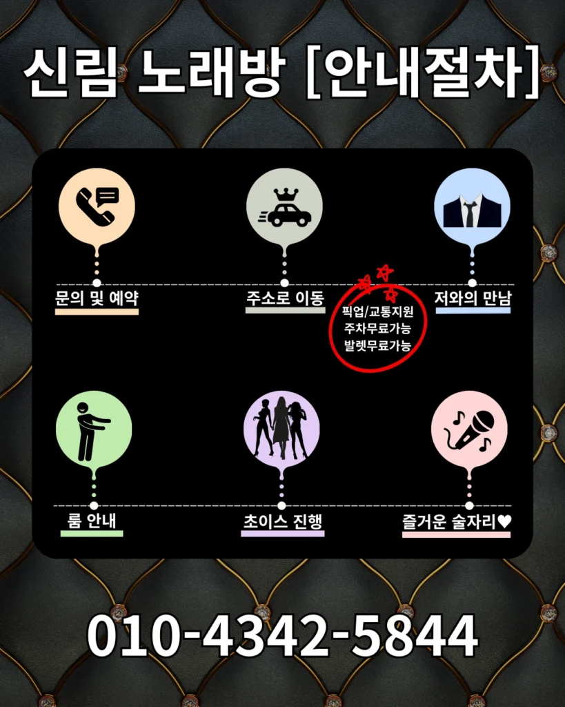 신림노래방의 예약 문의부터 이동, 룸 안내, 초이스 진행, 즐기는 술자리까지 단계별 이용 절차를 설명하는 다이어그램 이미지.